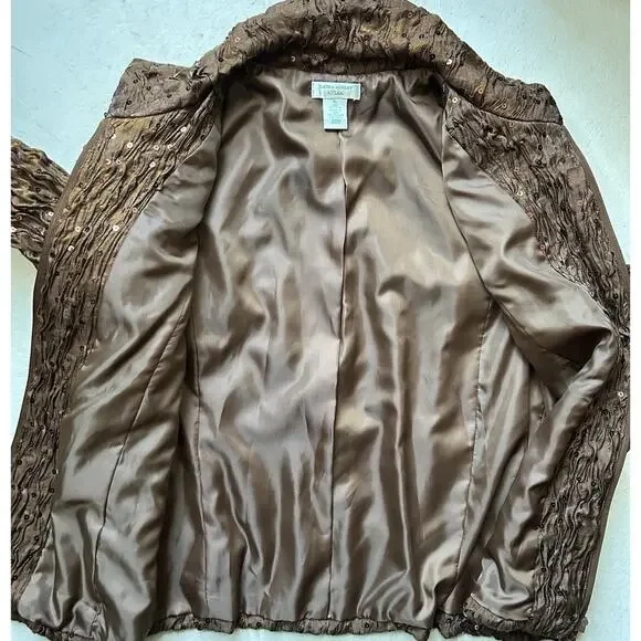 Bronze Textured Crinkle Jacket Petite Large Fall Chic Metallic Sequin Statement - Picture 10 of 13